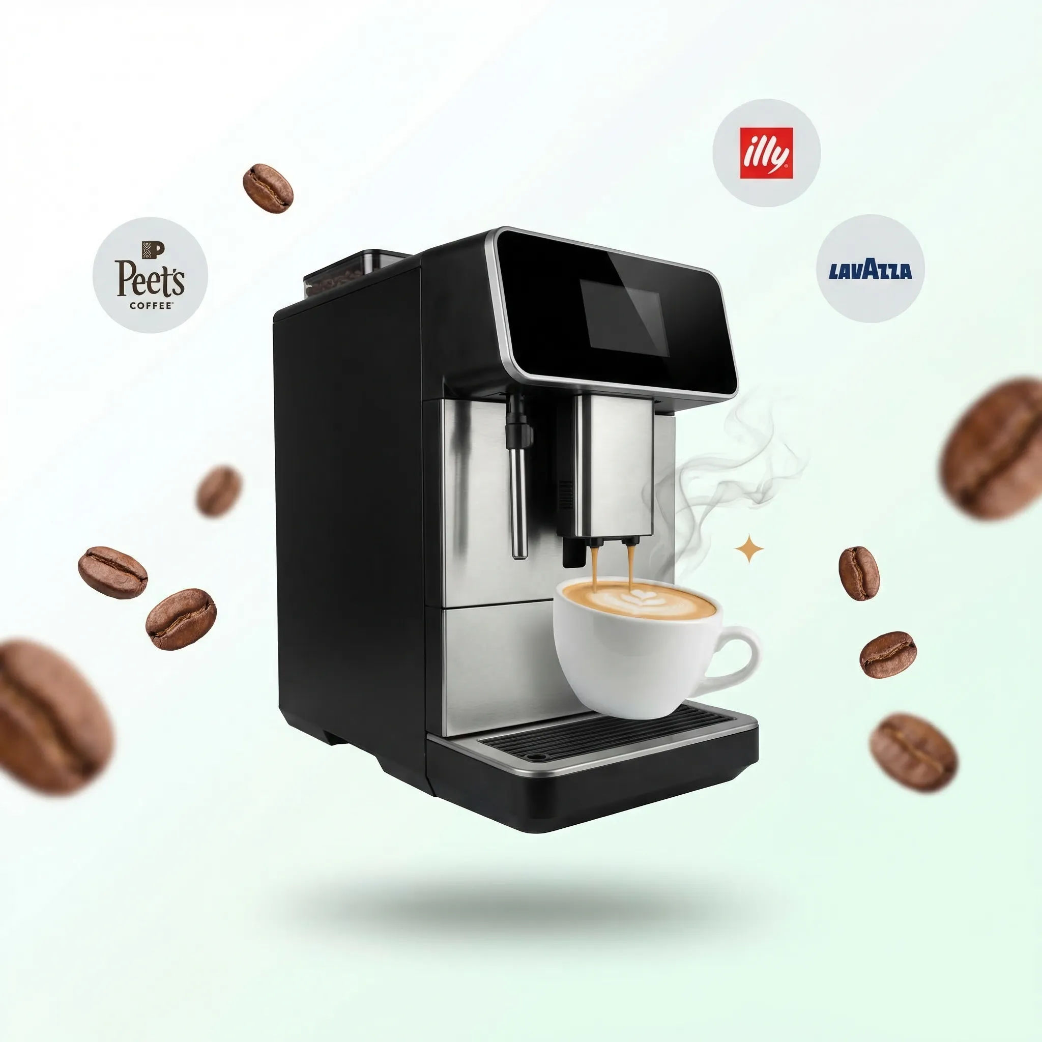 Bean-to-cup coffee machine with floating beans and Peet's, illy, Lavazza logos