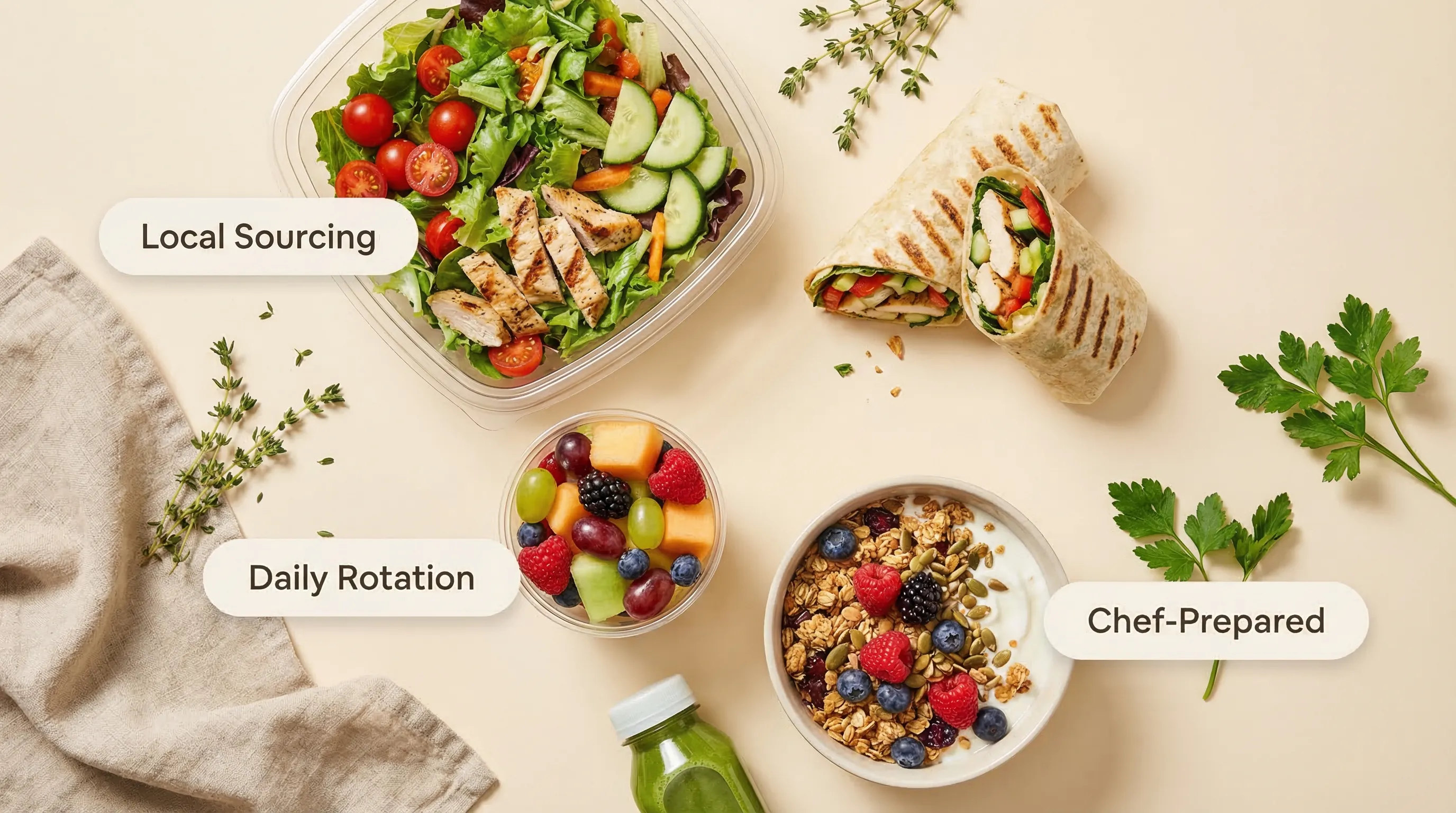 Fresh food flat-lay with salad, wrap, fruit cup, and granola