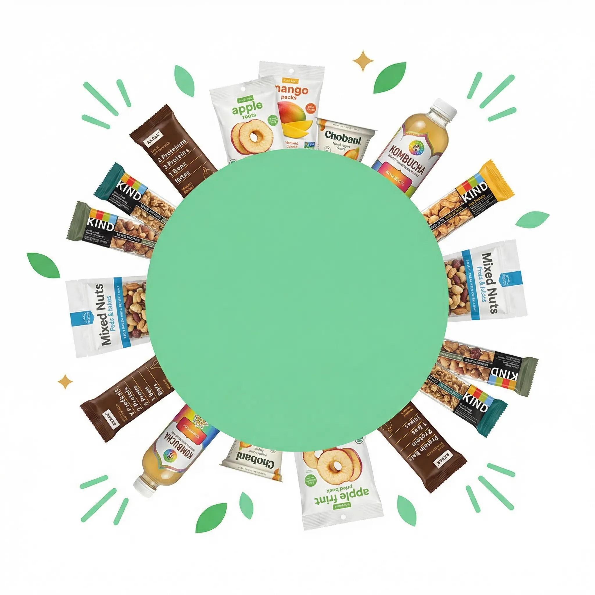 Healthy snacks burst with protein bars, kombucha, and dried fruit radiating from green circle