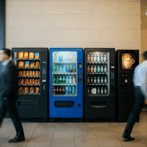 Two people walking past a row of modern snack and beverage vending machines in Dallas