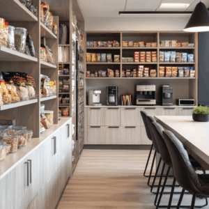 Modern office break room pantry service setup with snacks, coffee machines, and seating area