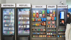 A modern micro market with coolers, snack shelves, and a self-checkout kiosk where an employee quickly purchases food and drinks.