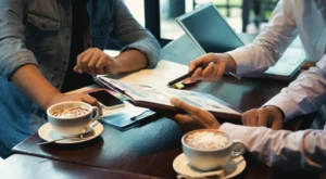Coworkers discussing documents over coffee at a café-style workspace