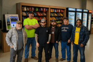 happy truck drivers in the newly installed full line vending service at the breakroom