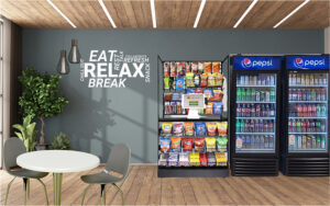 breakroom with vending machines and smart cooler