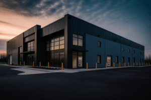 warehouse with vending machine seen from the outside