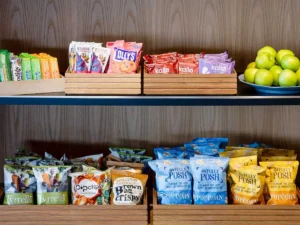 well-stocked snack bar or pantry commonly found in offices pantry or hotels