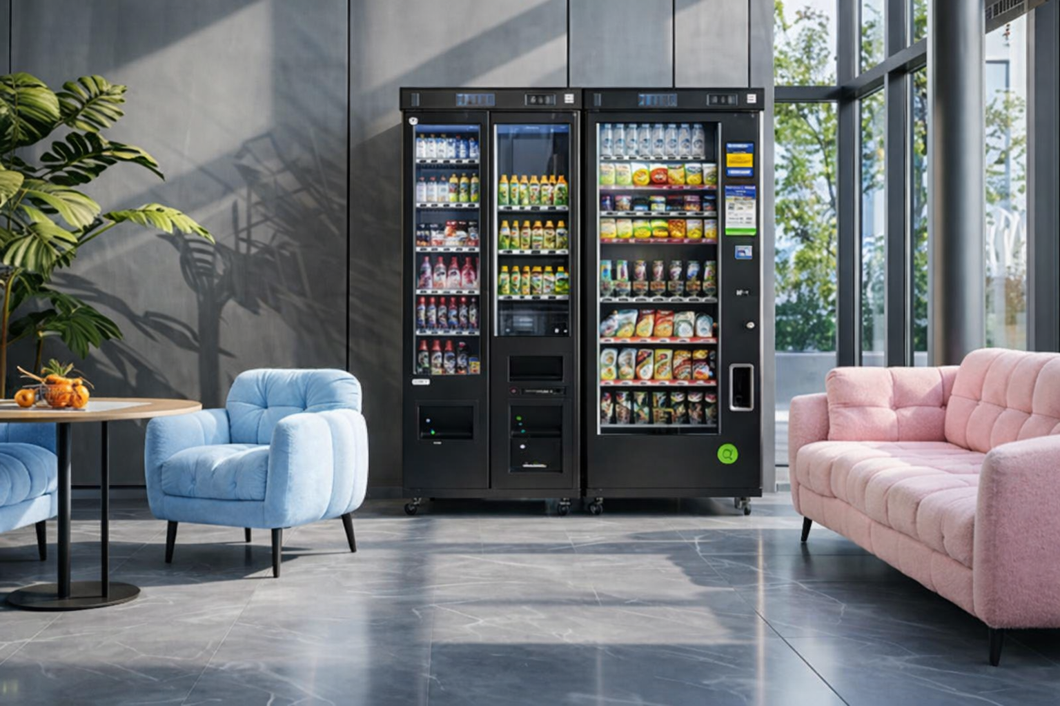breakroom with vending machine and pink and blue comfortable couches