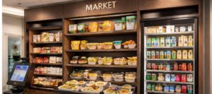 Well stocked corporate micro market featuring fresh salads, sandwiches, snacks, and refrigerated beverages in a professional office breakroom.