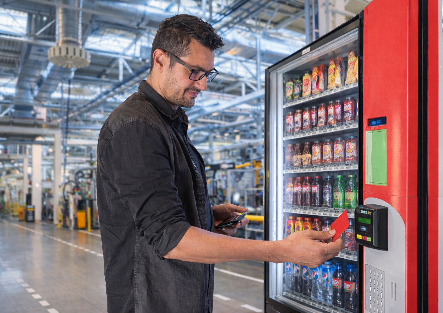 red vending machine in a factory
